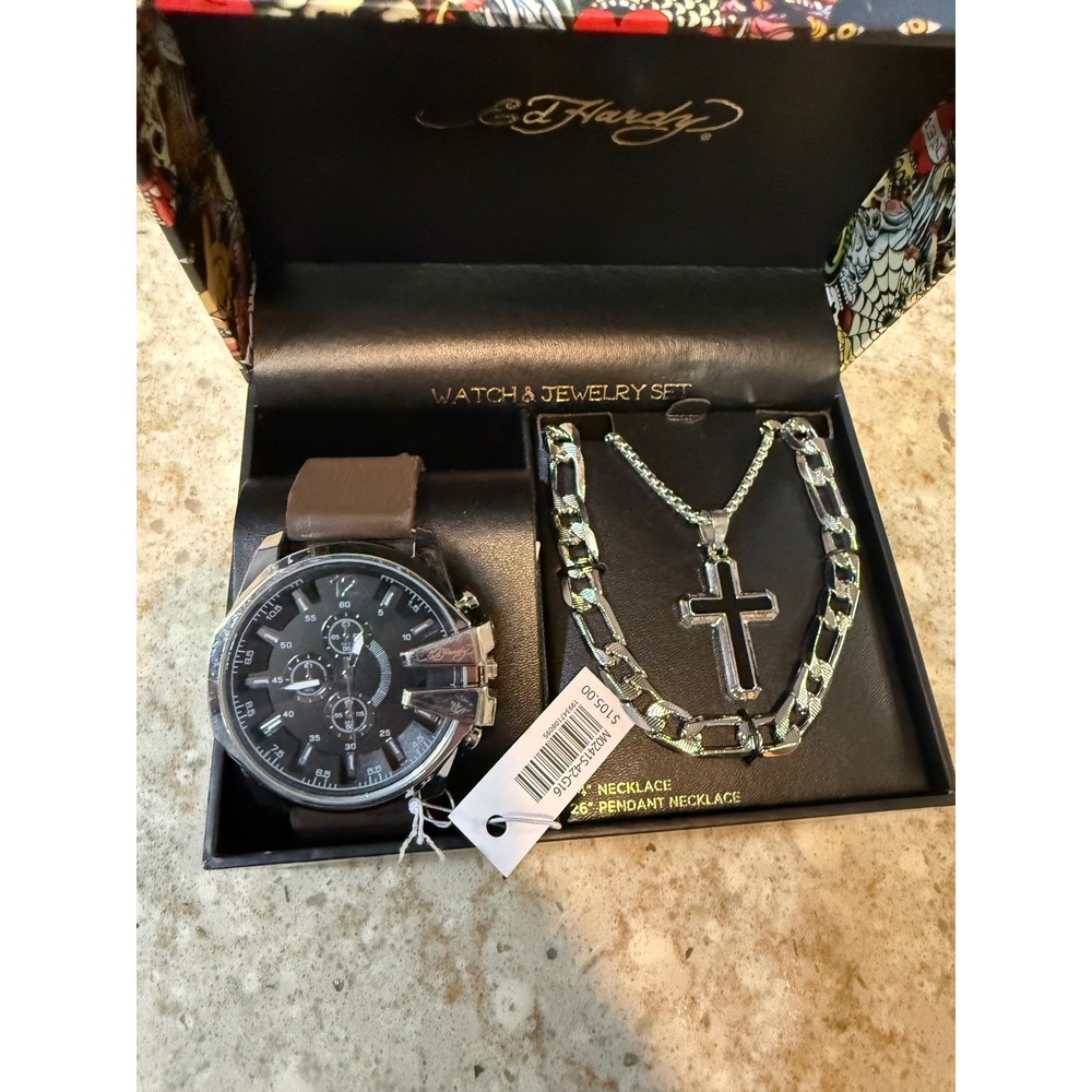 Ed Hardy Watch and Jewelry Set Brown Strap Black Dial Silver Cross Necklace NEW